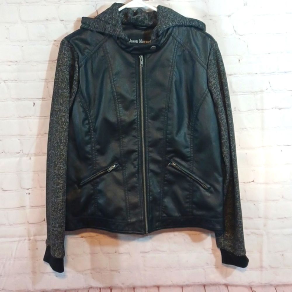 Y2K Biker Jason Maxwell Black Leather Hooded Jacket L